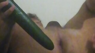 Sans a condom fucking with cucumber